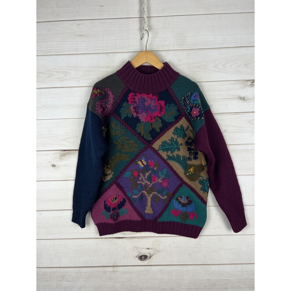 Vintage Eddie Bauer Sweater Womens Medium Wool Floral Patchwork Pullover 90s